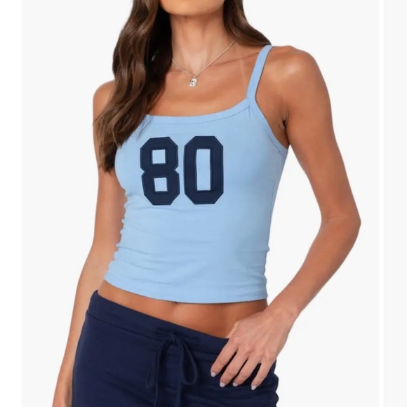 'Edikted Blue 80s Babe Appliqué Cotton Crop Top Graphic Tank Top Stretch M - Picture 1 of 9